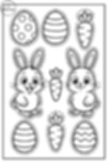 Desen cu doi iepurași zâmbitori, ouă de Paște cu modele și morcovi, toate încadrate în linii punctate pentru tăiere.