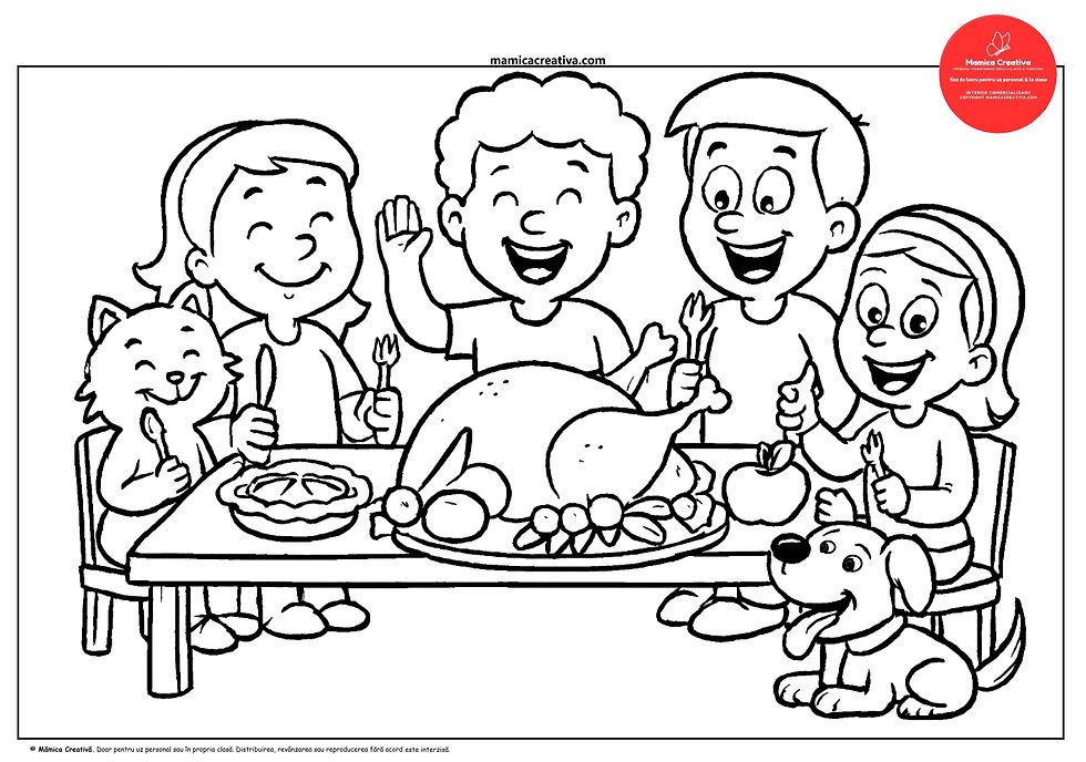 Cinci copii și un câine zâmbitor stau la o masă cu un curcan și plăcintă, pregătiți să mănânce. Un pisoi e prezent. Atmosferă veselă.