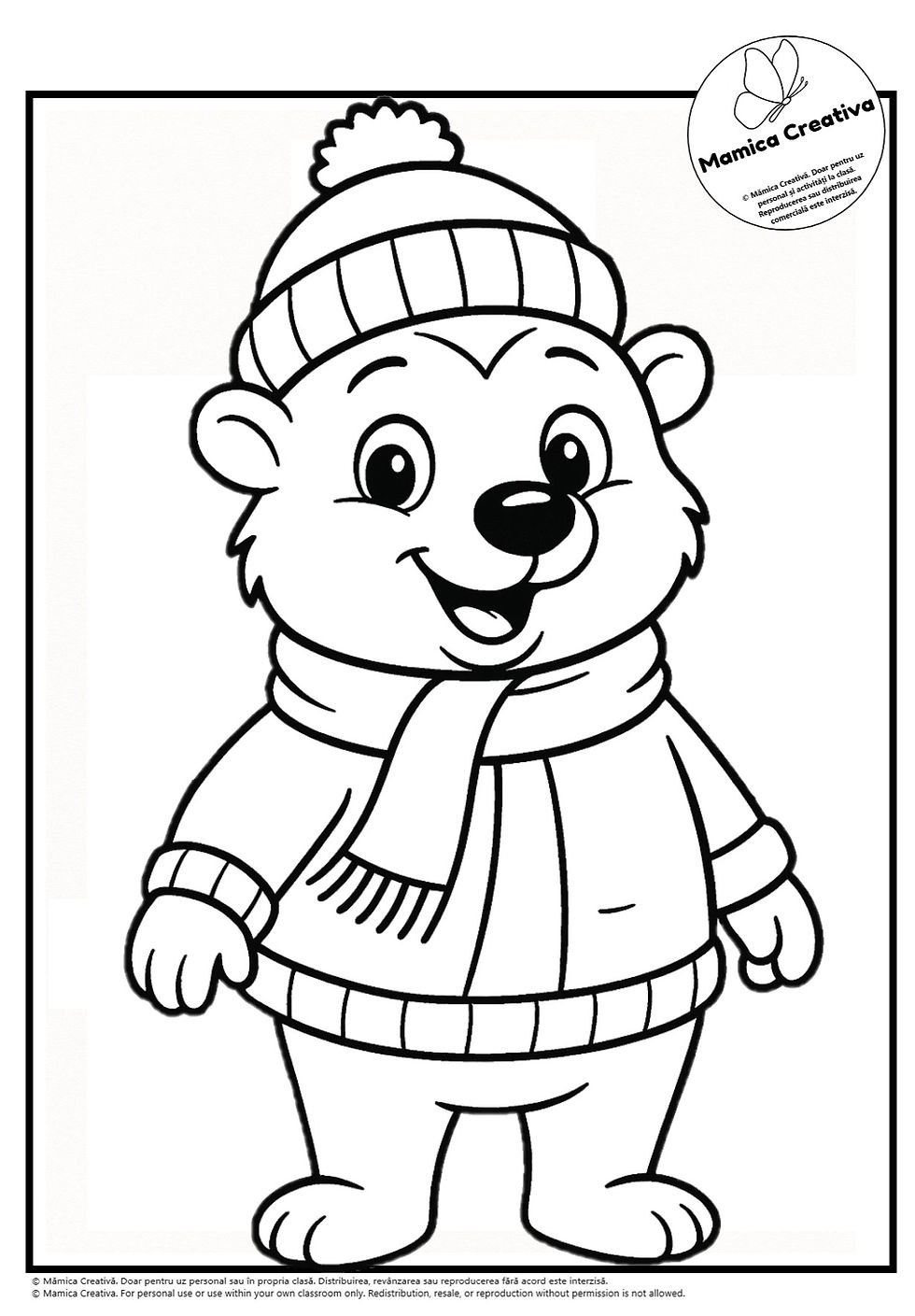 Ursuleț desenat alb-negru cu căciulă și fular, zâmbind vesel. Text "Mămica Creativă" în colțul dreapta sus. Atmosferă jucăușă.