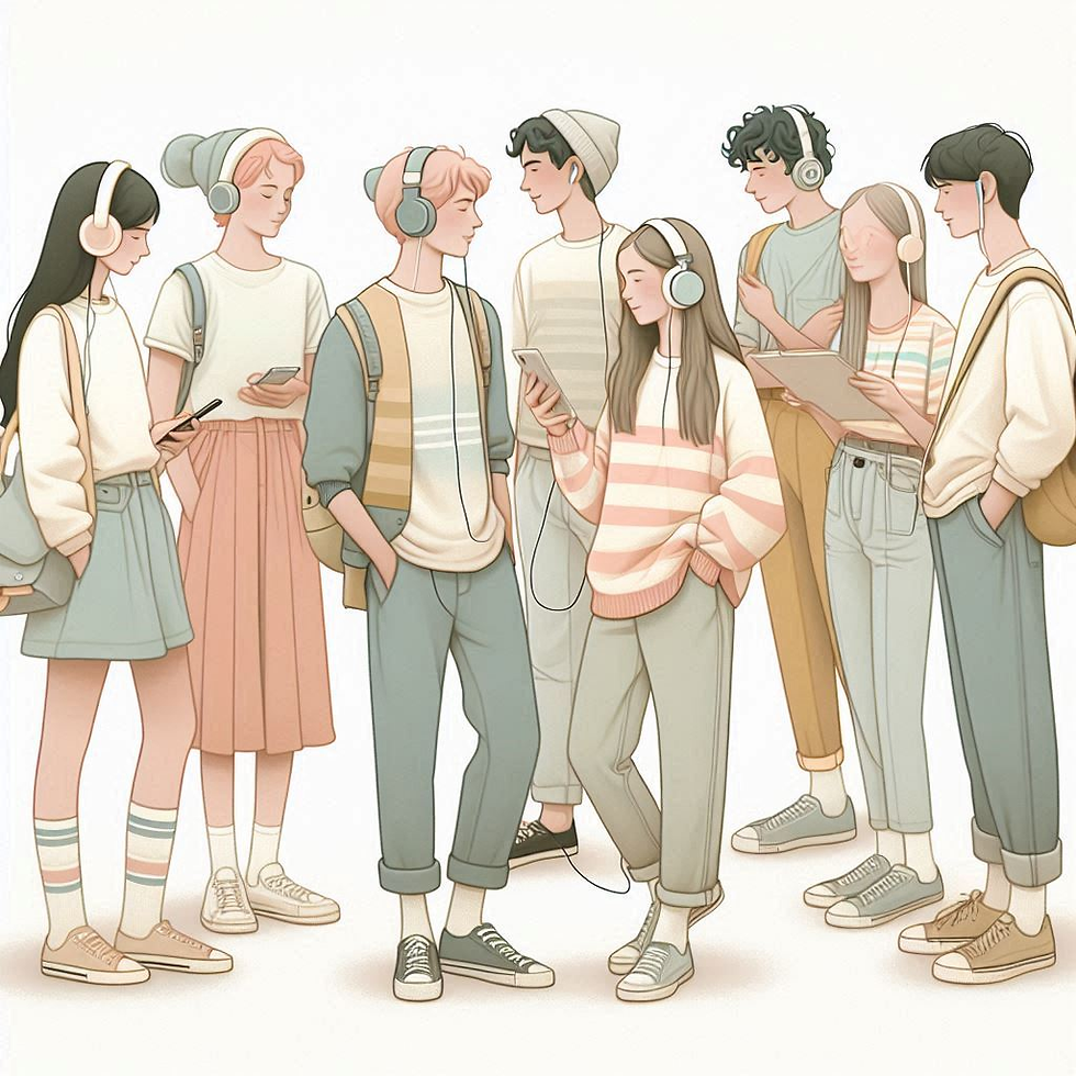 Tineri cu căști și dispozitive mobile, discutând și zâmbind. Îmbrăcăminte casual în culori pastel, fundal simplu. Atmosferă relaxată.