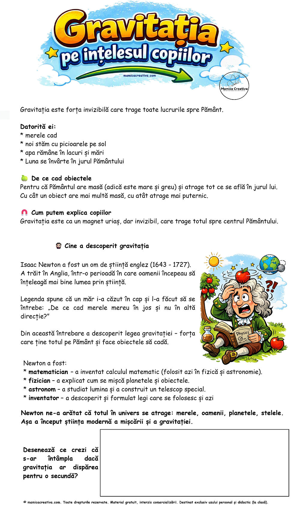 Poster educativ în română despre gravitație pentru copii, cu Newton, un măr căzând și text explicativ pe fundal alb.