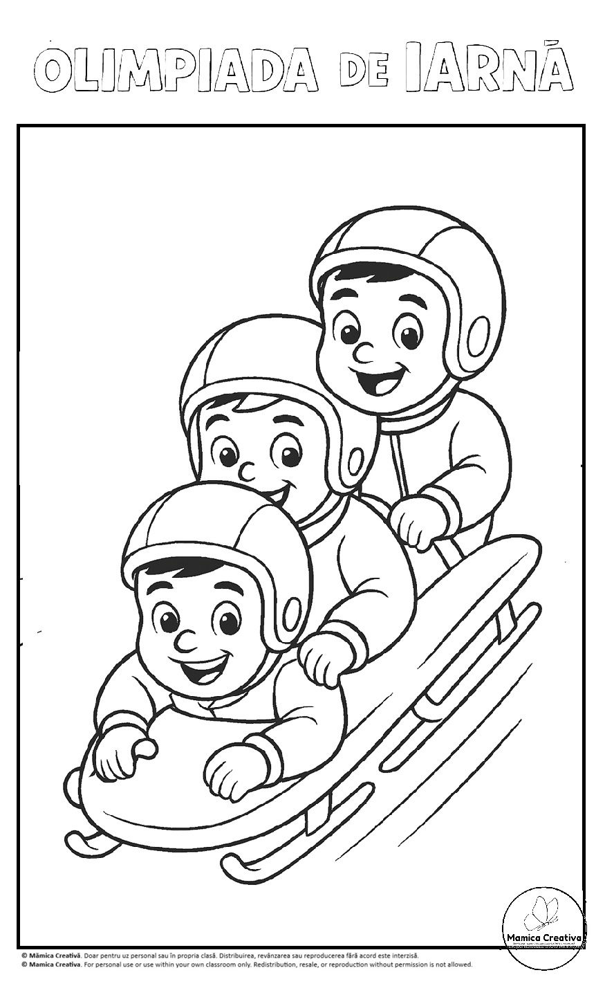 Trei copii fericiți cu căști alunecă pe o sanie. Text sus: "OLIMPIADA DE IARNĂ". Fundal alb, desen conturat simplu.
