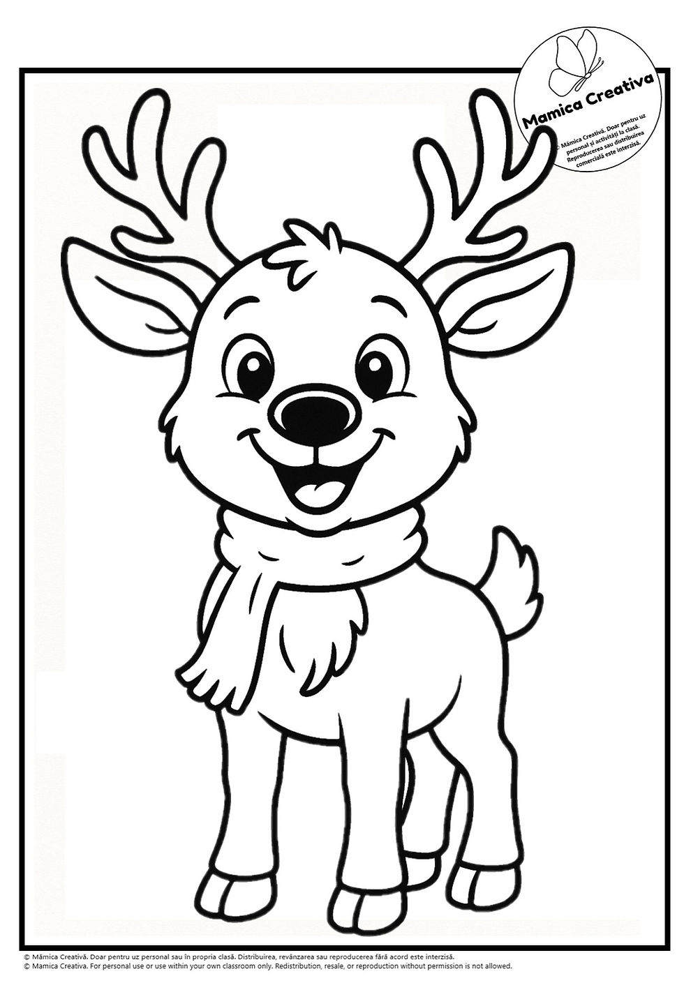 Ren animat cu fular, zâmbind fericit. Fundal simplu. Logo "Mamica Creativa" în colțul de sus. Linie alb-negru.