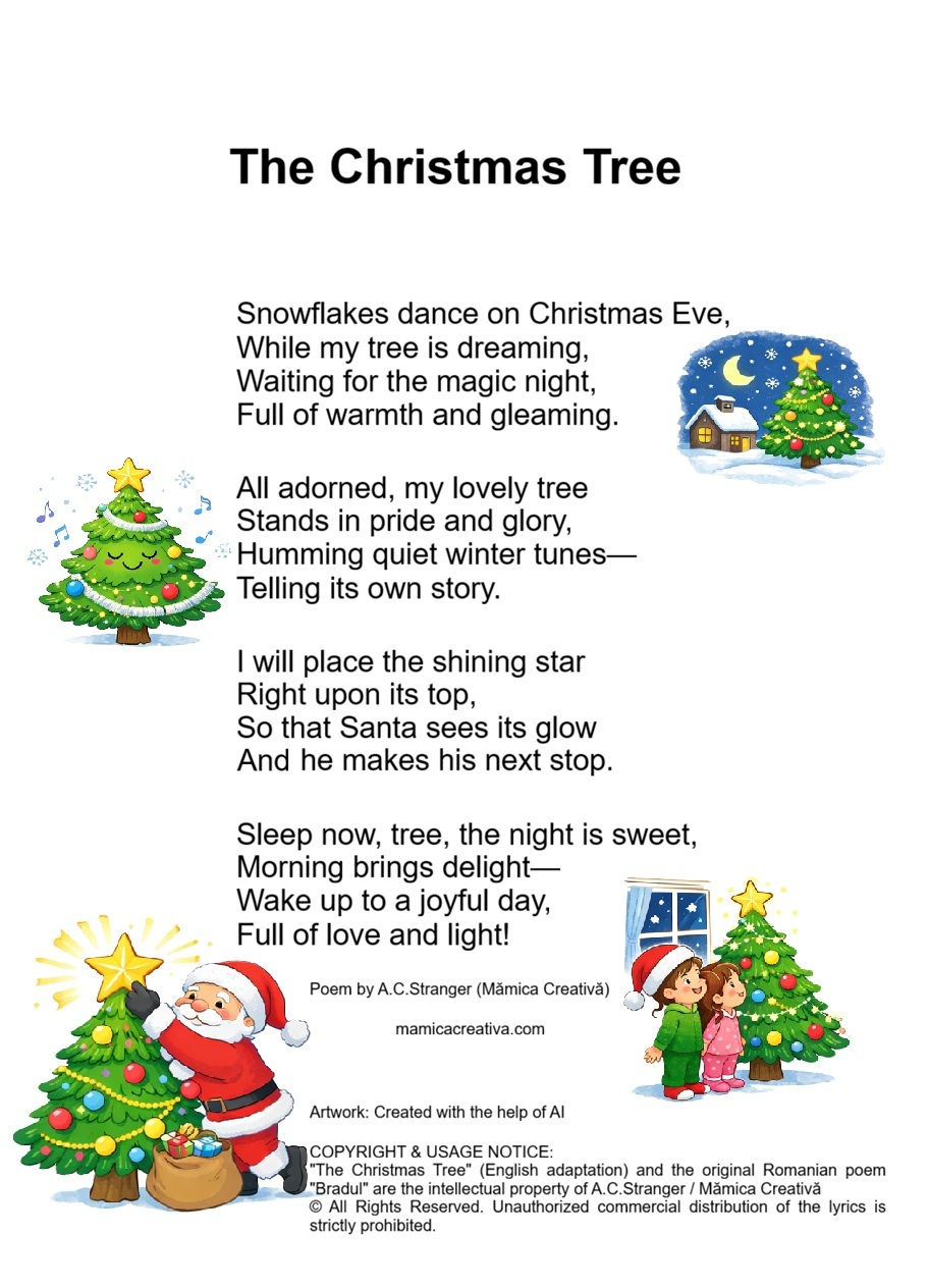 Pagină cu poezia The Christmas Tree, ilustrații cu brad, Moș Crăciun și copii; text despre noaptea de Crăciun și steaua din vârf.