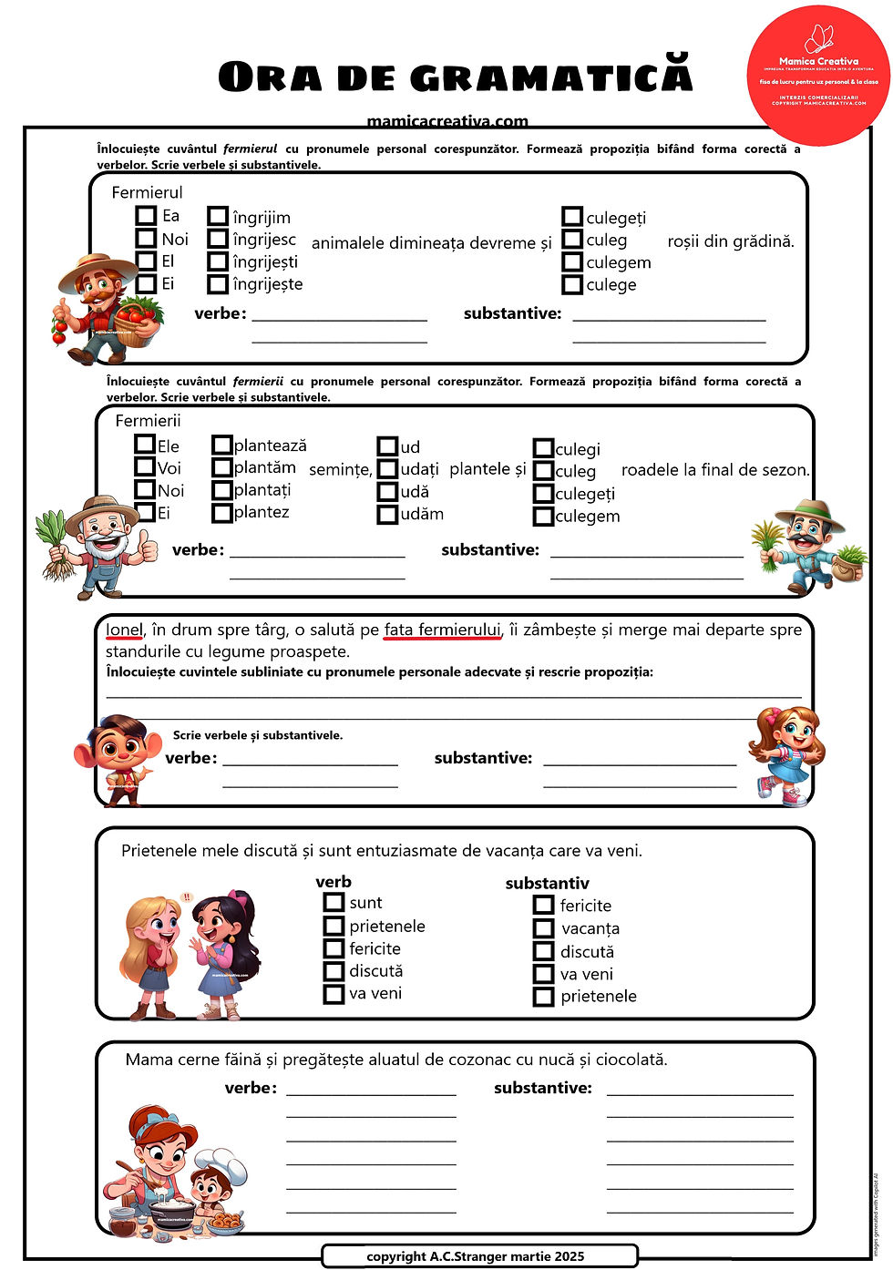 Fișă de gramatică cu exerciții despre fermieri și pronume personale. Desene colorate cu personaje fericite și text instructiv.