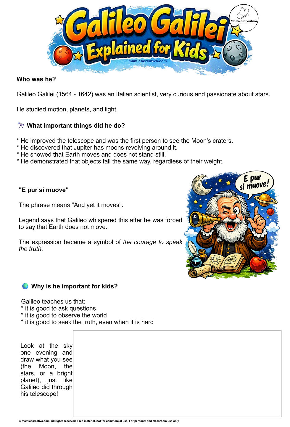 Infografic despre Galileo Galilei: copil citește, telescop, stele, citatul E pur si muove! și titlul Galileo Galilei Explained for Kids
