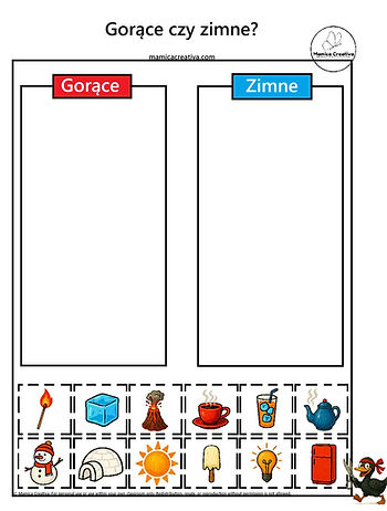 Tabel cu două coloane pentru sortare: "Gorące" și "Zimne." Sus sunt imagini simbolizând căldura și frigul: foc, cub de gheață, ceai, înghețată. Ilustrație pinguin jos dreapta.
