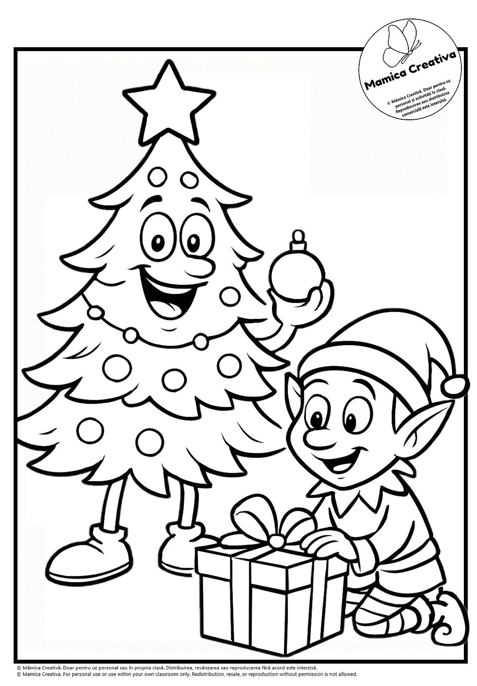 Elf zâmbitor decorând un brad de Crăciun animat. Bradul poartă o stea în vârf și elf are un cadou. Atmosferă festivă.