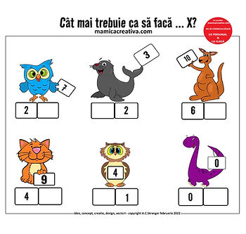 Animale colorate țin cartonașe numerotate. Bufniță albastră cu 7, focă cu 3, cangur cu 10. Fundal alb, text superior: Cât mai trebuie ca să... X?