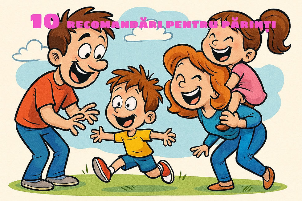 Familie fericită în parc. Tată, mamă și copii zâmbesc, se joacă. Text roz: 10 Recomandări pentru părinți. Cer albastru, nori.