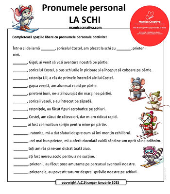 Fișă educativă cu exerciții despre pronume personale, având ilustrații cu animale schiind și adăugând un ton vesel. Text "Pronumele personal la schi".
