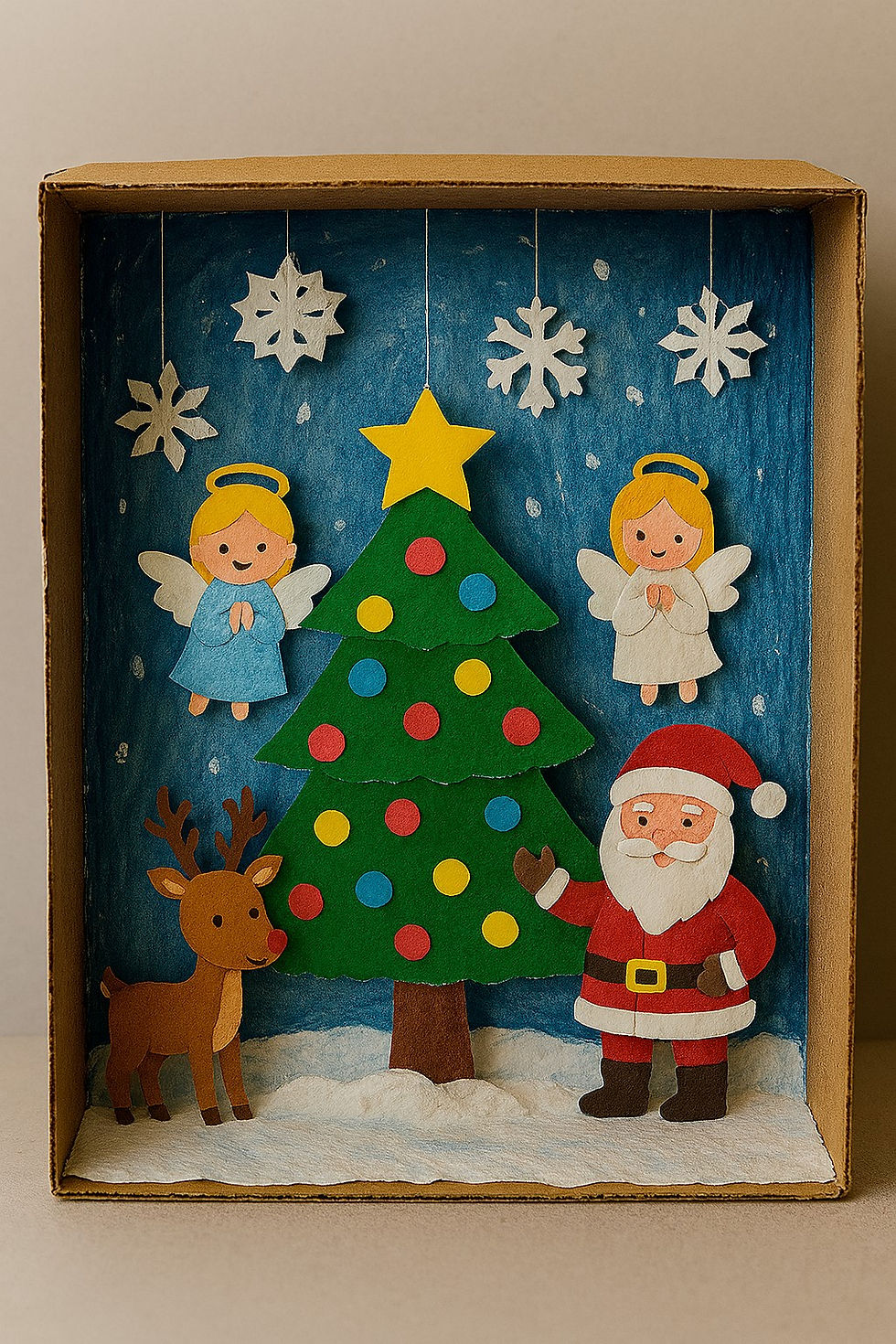 Cutie din carton cu decor de Crăciun: îngerași, brad colorat, Moș Crăciun și ren, cu fundal albastru și fulgi de zăpadă albi.