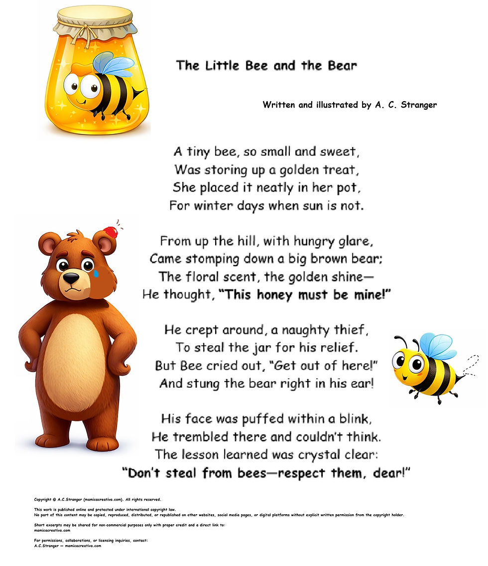 Pagină de poveste cu borcan de miere, albină și urs; textul The Little Bee and the Bear descrie un furt și o înțepătură.