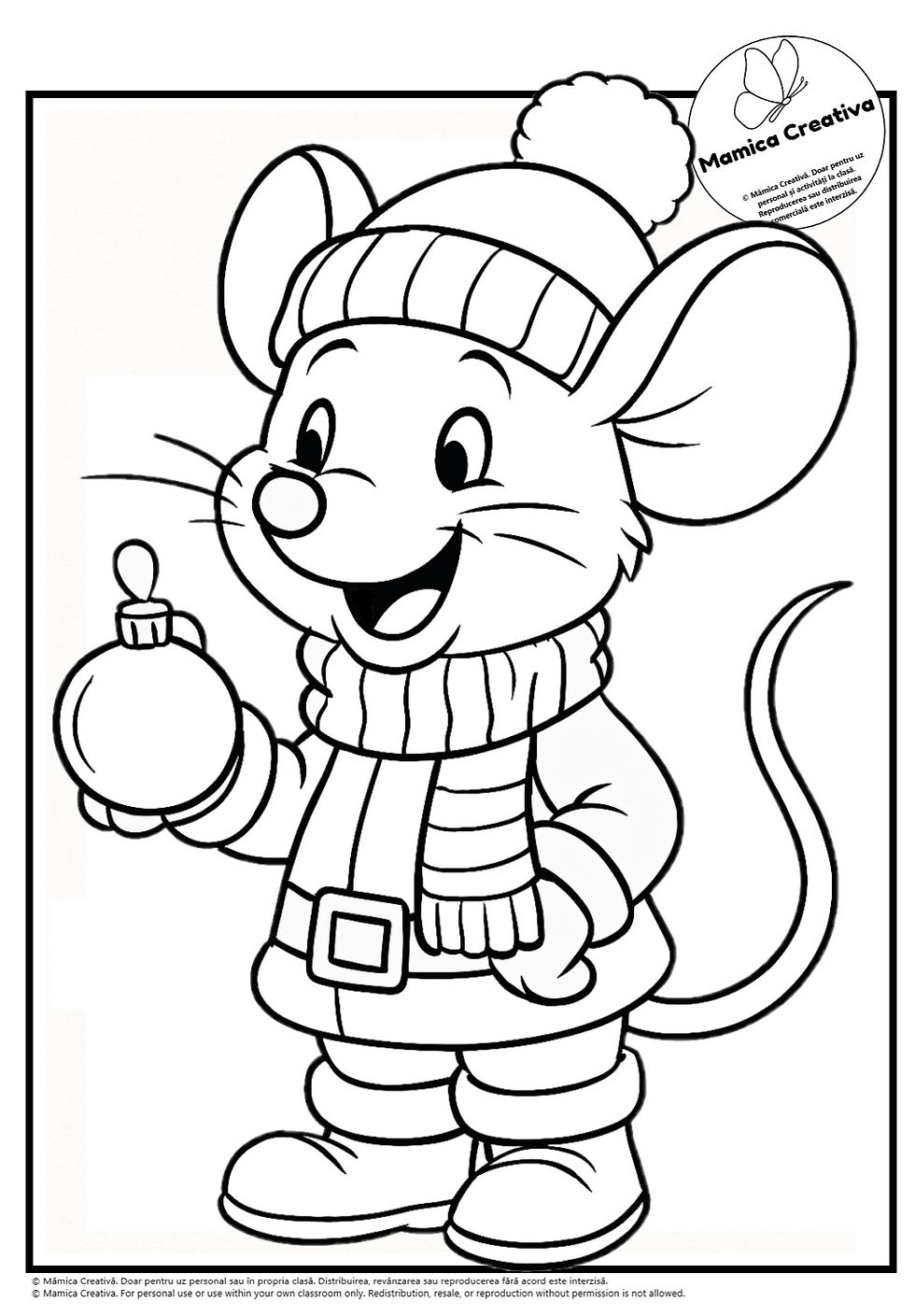 Șoricel drăguț zâmbind, purtând căciulă de iarnă și fular, ține un glob. Fundal simplu, etichetă "Mamica Creativa" în colț.