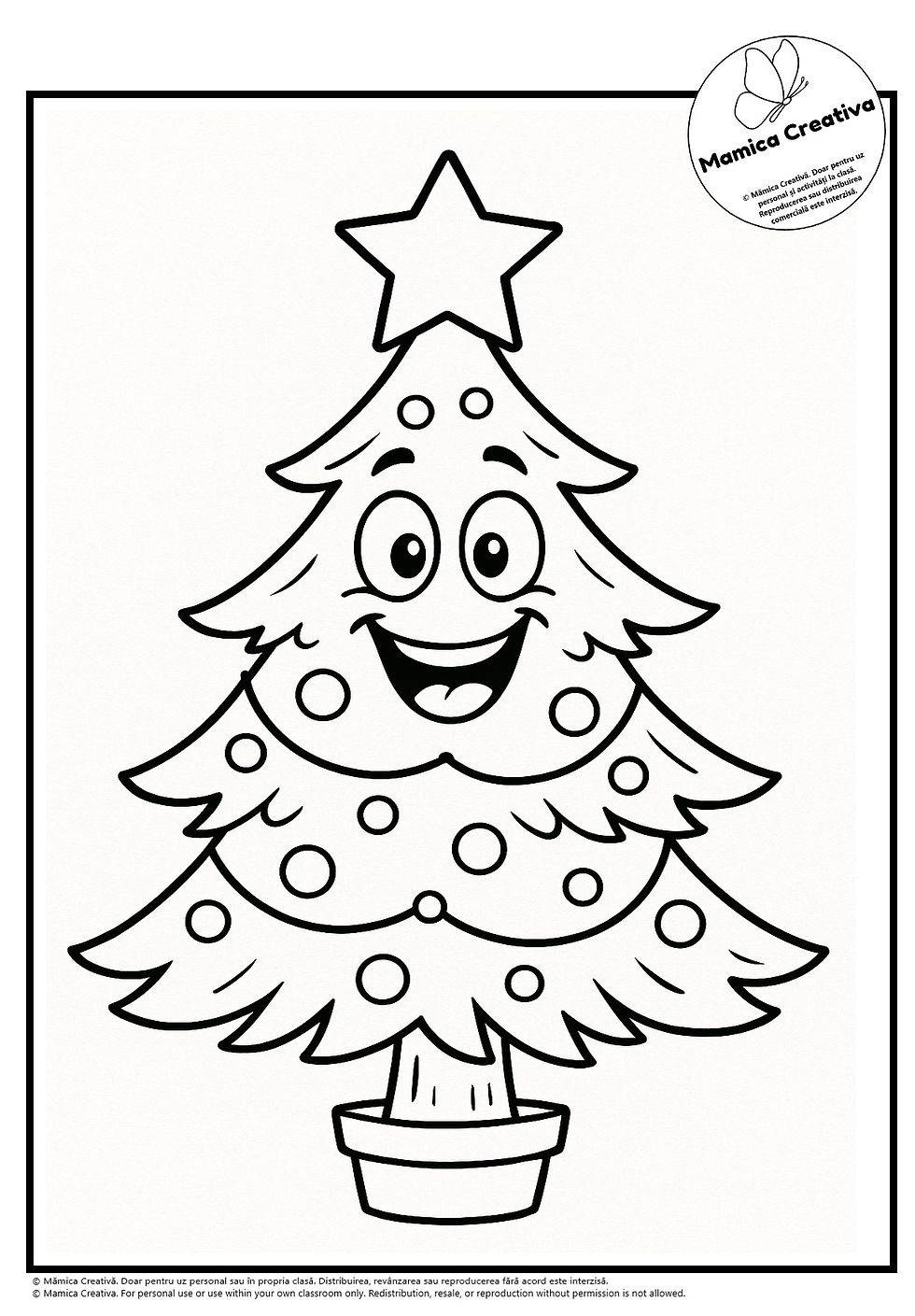 Brad de Crăciun zâmbitor, decorat cu globuri și o stea în vârf. Decor alb-negru, fără fundal specific. Text: Mamica Creativa.