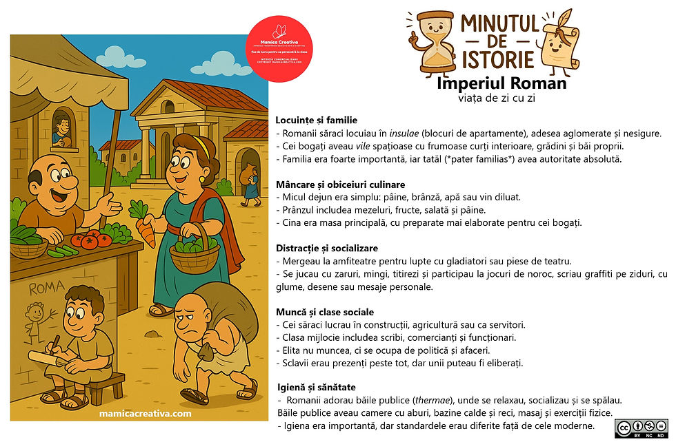 O femeie cu coș cumpără legume de la un vânzător zâmbitor într-o piață romană. În fundal, un bărbat desenează pe o bancă. Text despre viața în Imperiul Roman.