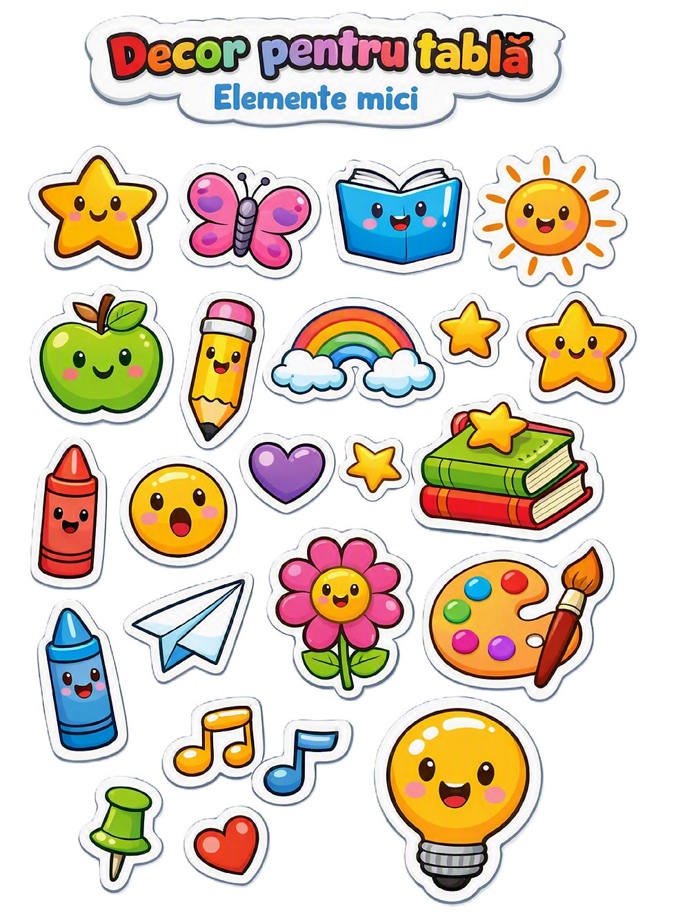 Planșă cu stickere pentru tablă: stele, carte, soare, măr, creion, curcubeu, flori, inimă și bec zâmbitor.