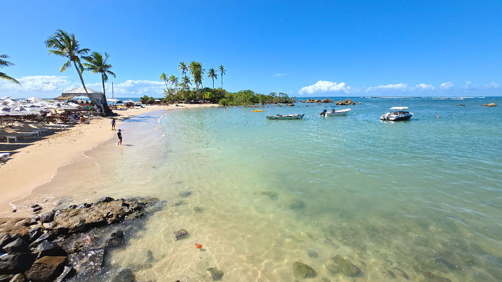 View from the front of the Aqua by SambaSS Hotel towards Saudade Island on the Second Beach of Morro de São Paulo.