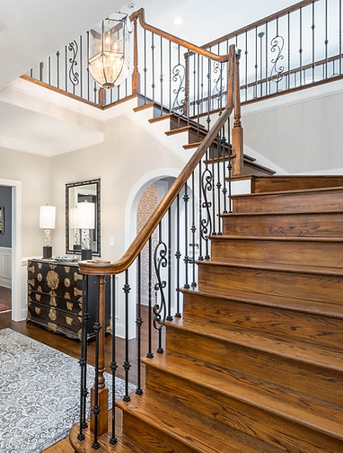 Wooden staircase in Lake Norman waterfront home