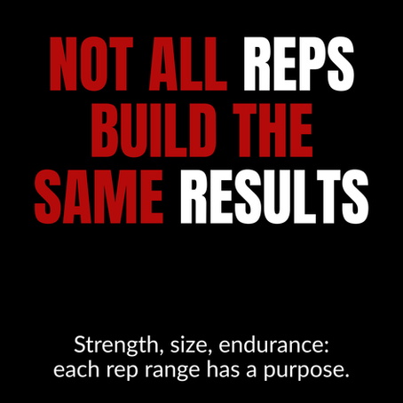 Fitness graphic with text on black background: "Not all reps build the same results." "Strength, size, endurance: each rep range has a purpose." Paul Kanu of KanuLift