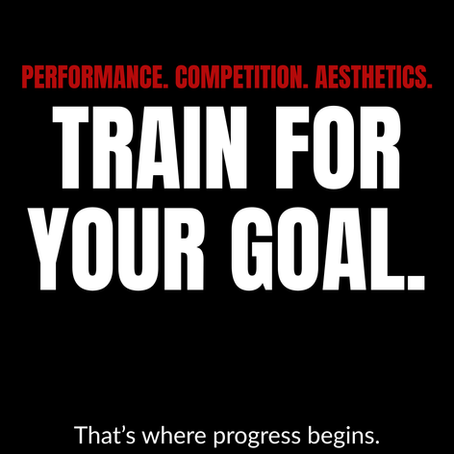Black background with bold white text: "TRAIN FOR YOUR GOAL." Red text above says "PERFORMANCE. COMPETITION. AESTHETICS." Below: @kanulift | KanuLift Coaching