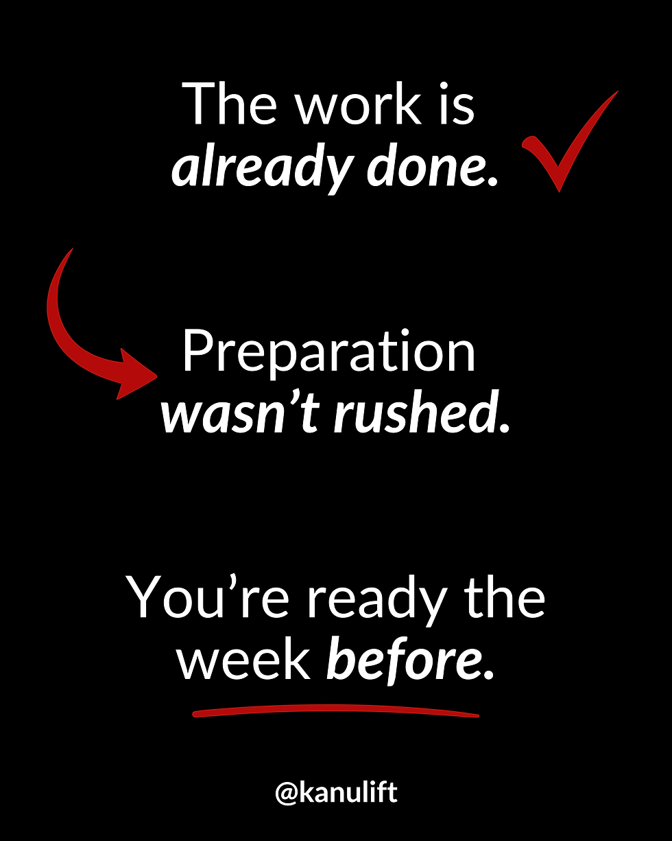Fitness coaching graphic by Paul Kanu of Kanu Lift explaining that peak week should focus on recovery, consistency, and showcasing months of preparation instead of making drastic last-minute changes.