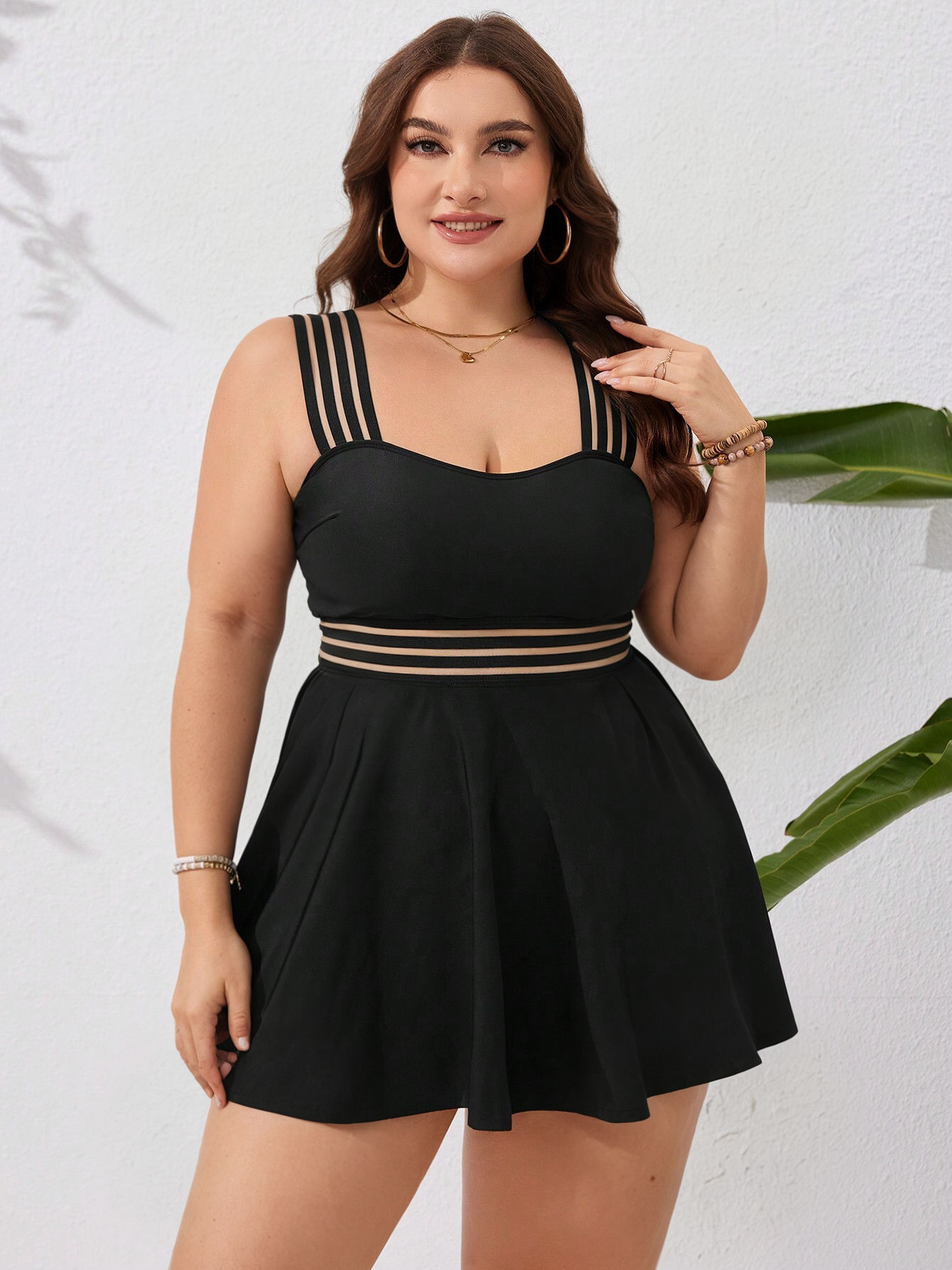 Swim Curve Summer Beach Plus Size Monochromatic Swimwear Set, Bathing Suit