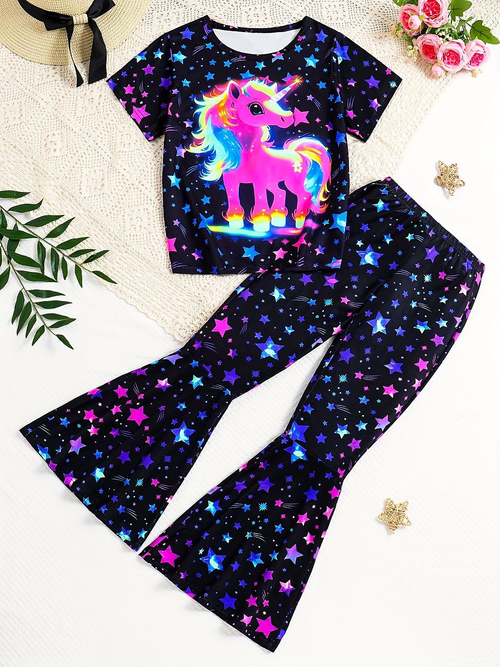 Luminous Print Girls 2PCS, Unicorn Pattern T-Shirt + Bell Bottom Trousers