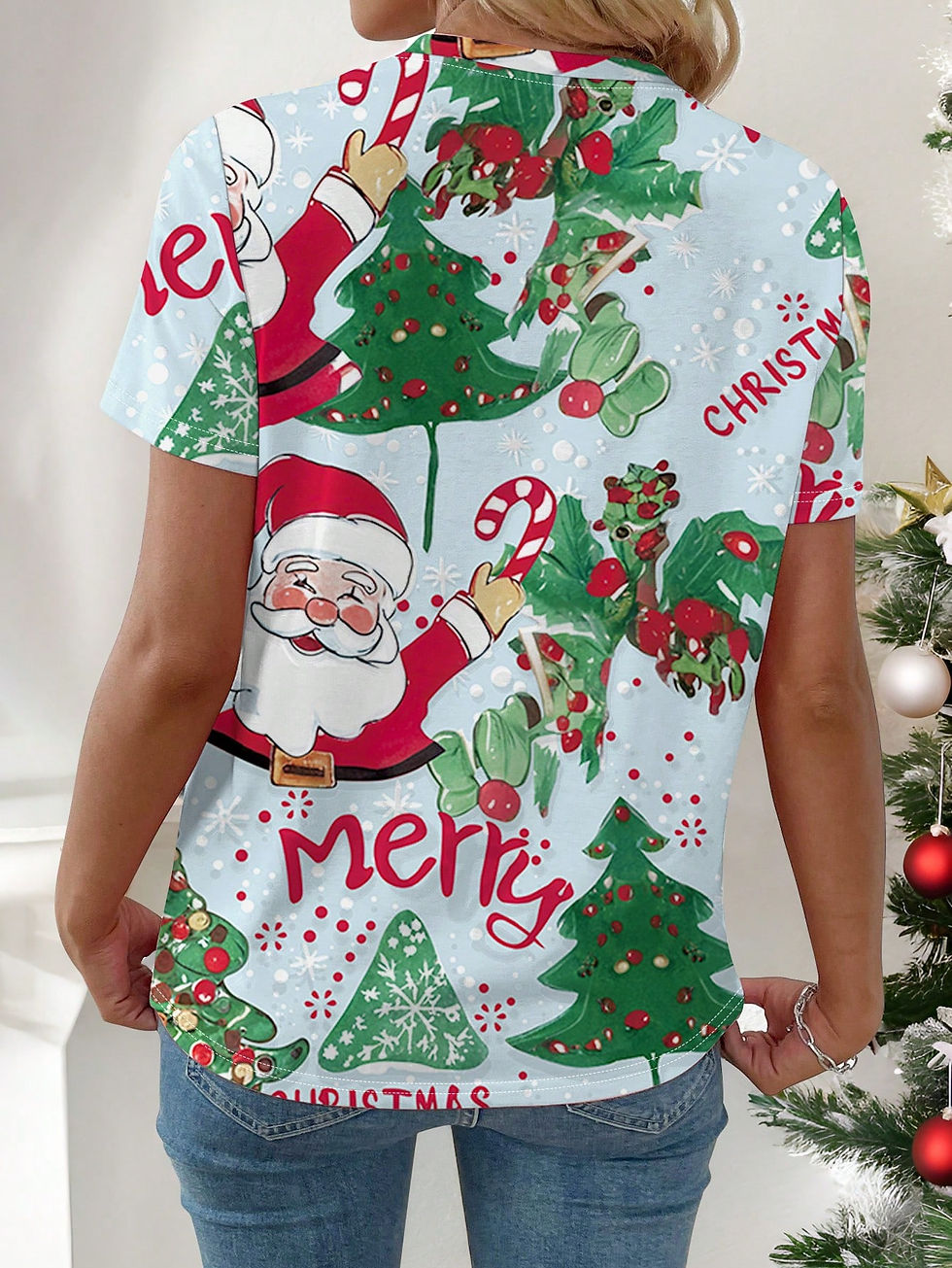 Christmas Santa, Tree & Snowflake Letter Print Colorful Light Graphic