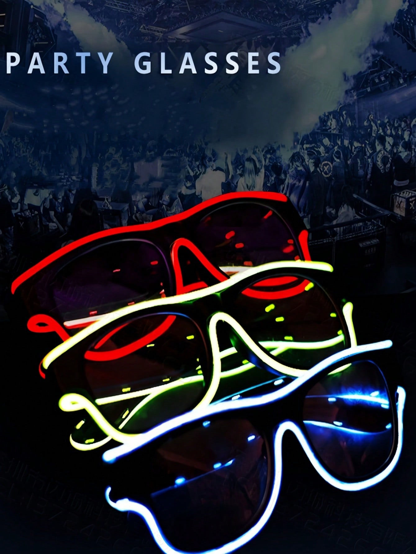 12 Neon Light Colors & 3 Flashing Modes LED Rave Glasses, Wireless USB Charging