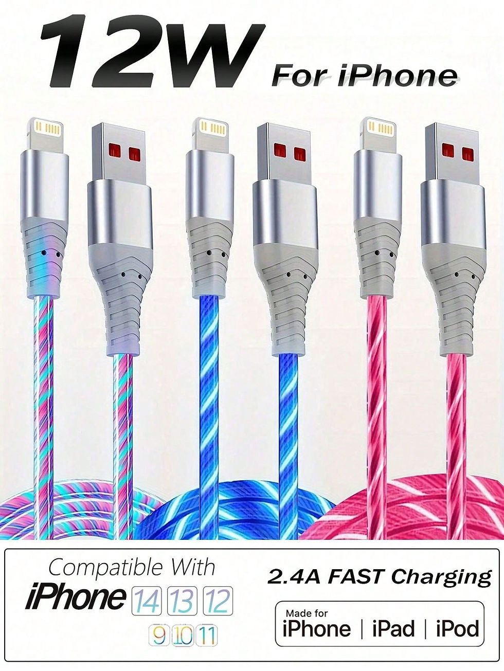 Light Up IPhone Charger Cord, LED Lightning Cables 1 Pack | MFi Certified | USB