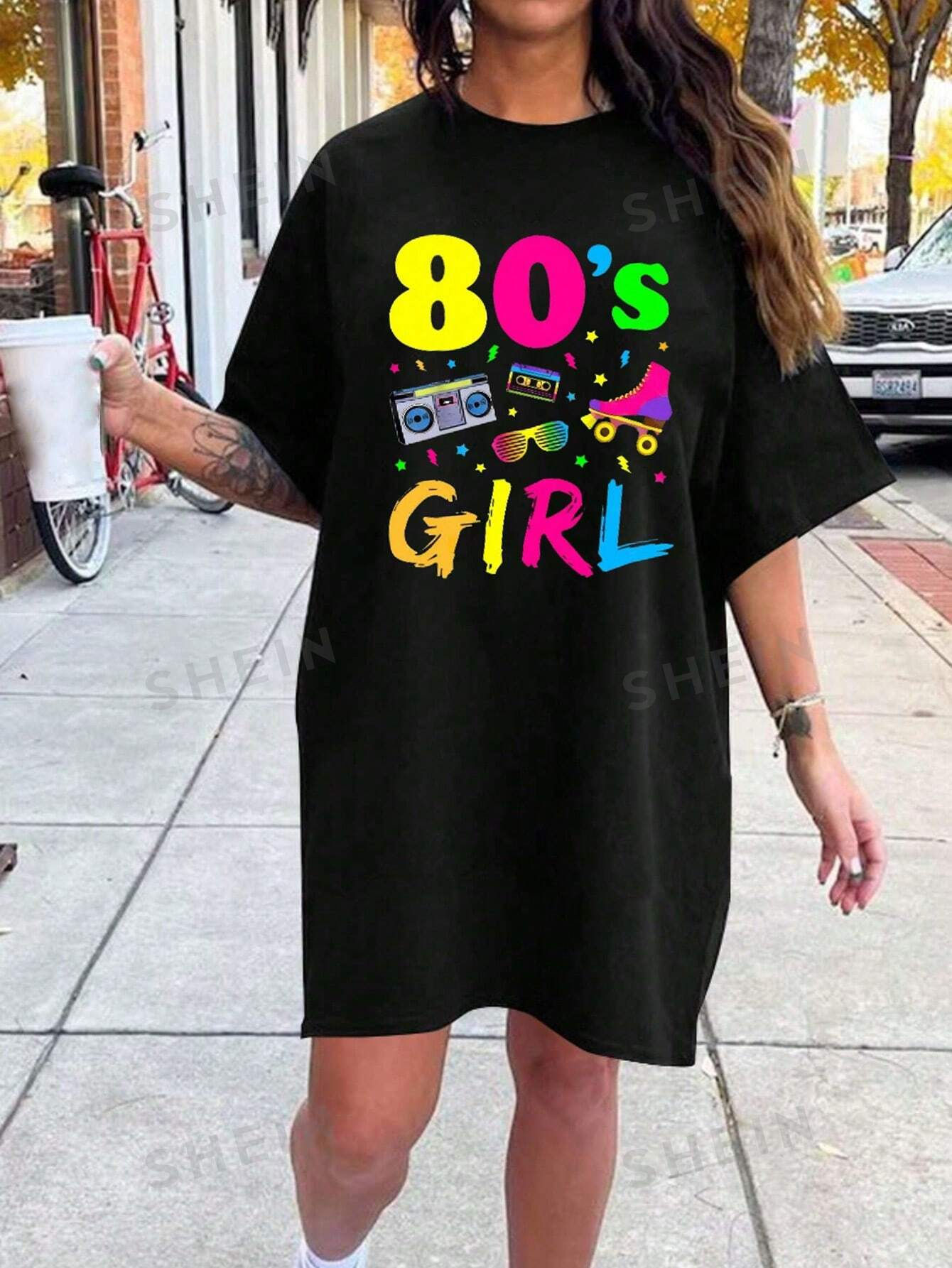 Plus Letter Graphic Drop Shoulder Oversize Tee Dress For Summer