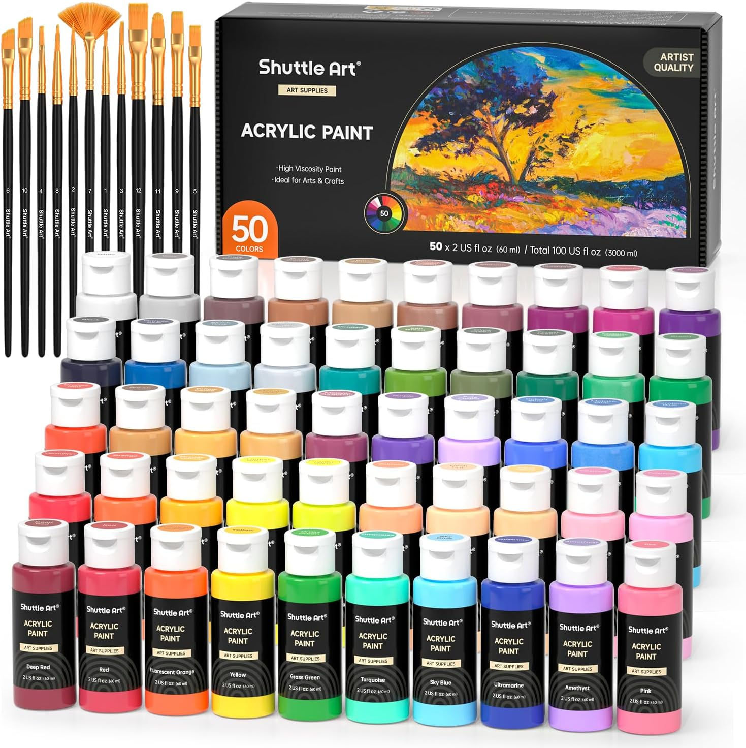 Shuttle Art 50 Colours Acrylic Paint Set, 2oz/60ml Bottles, Rich Pigmented