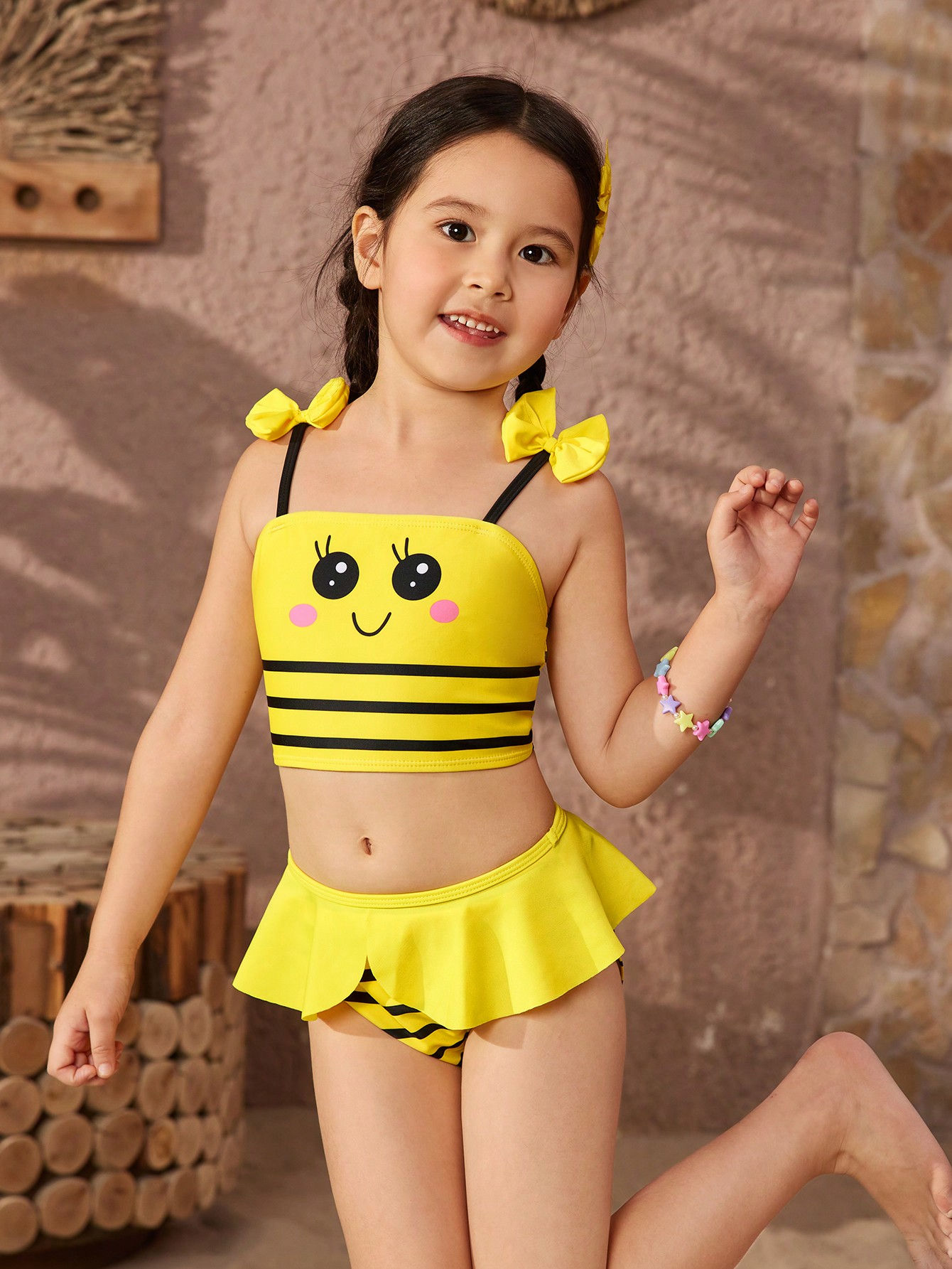 Young Girl Color-Block Striped Cartoon Print Bikini Set For Beach Holiday