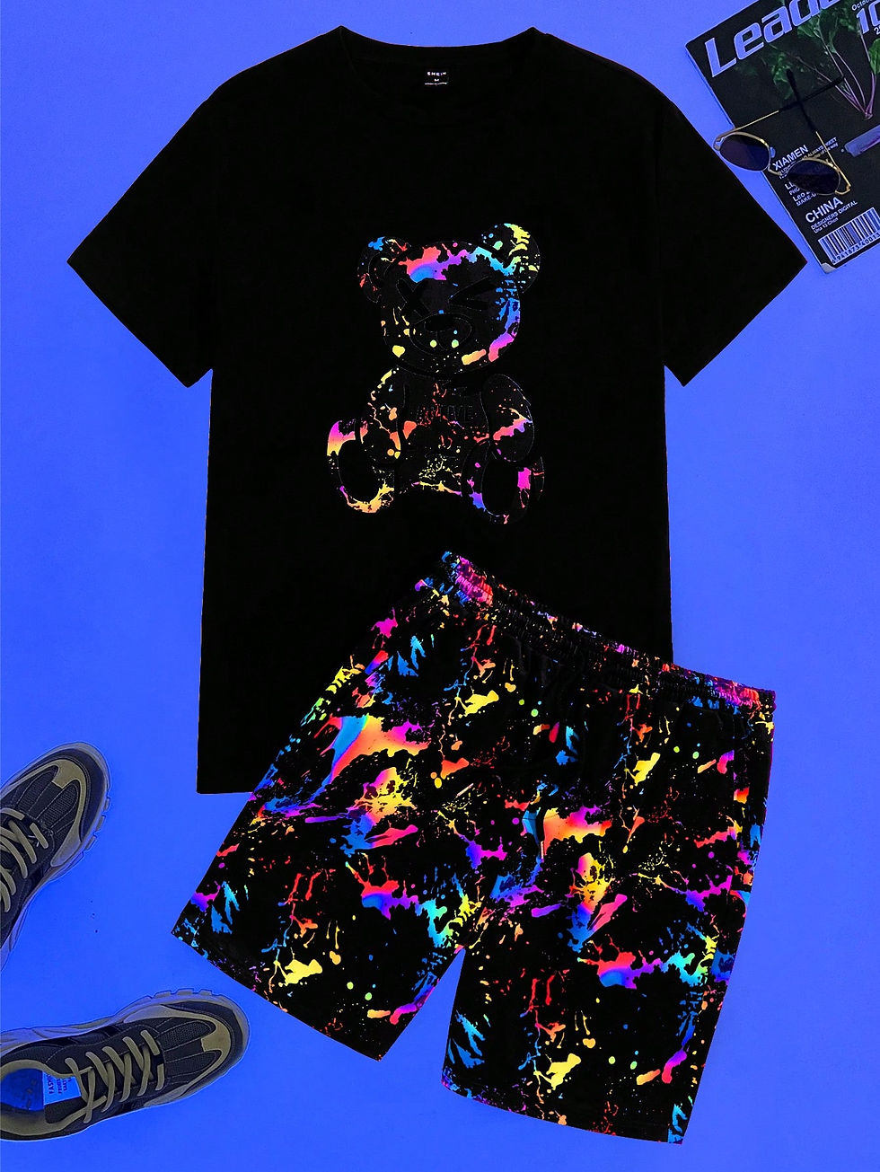 Men Reflective Bear Print Tee & Shorts Colorful