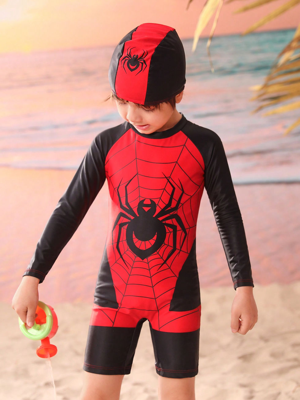 Young Boy Spider Print One-Piece Swimsuit With Free Swimming Cap, Long Sleeve
