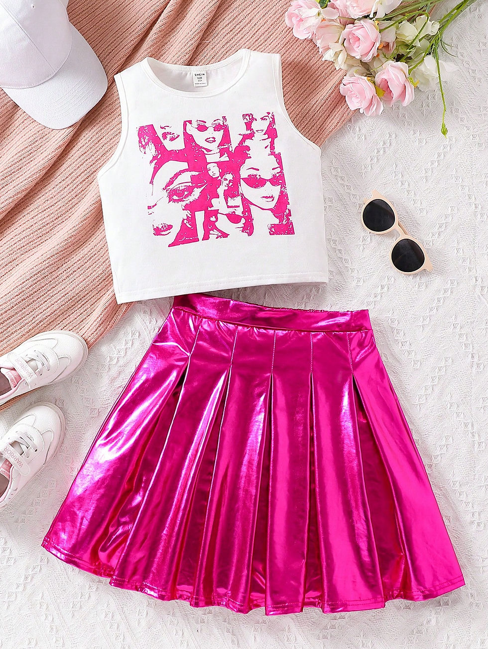 Girl Figure Print Tank Top And Glossy Pleated Skirt