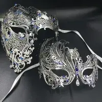 Masks His & Her Couple Glitter Rhinestones Metal Filigree Masquerade Mask Venet