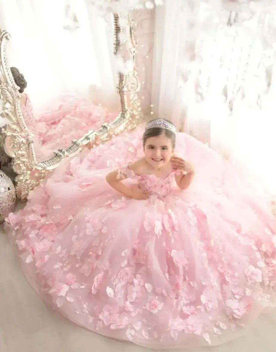 Princess Pink Flower Girl Dresses Elegant Off Shoulder Lace Appliques