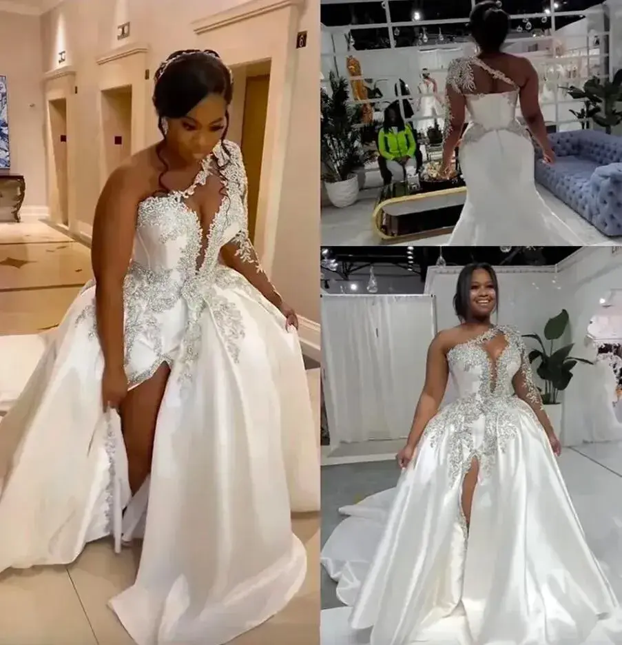 African Elegant One Shoulder Satin A Line Wedding Dresses