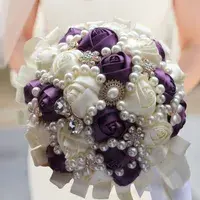 Ivory Silk Satin Rose wedding Flower bouquets multi purple bridal wedding
