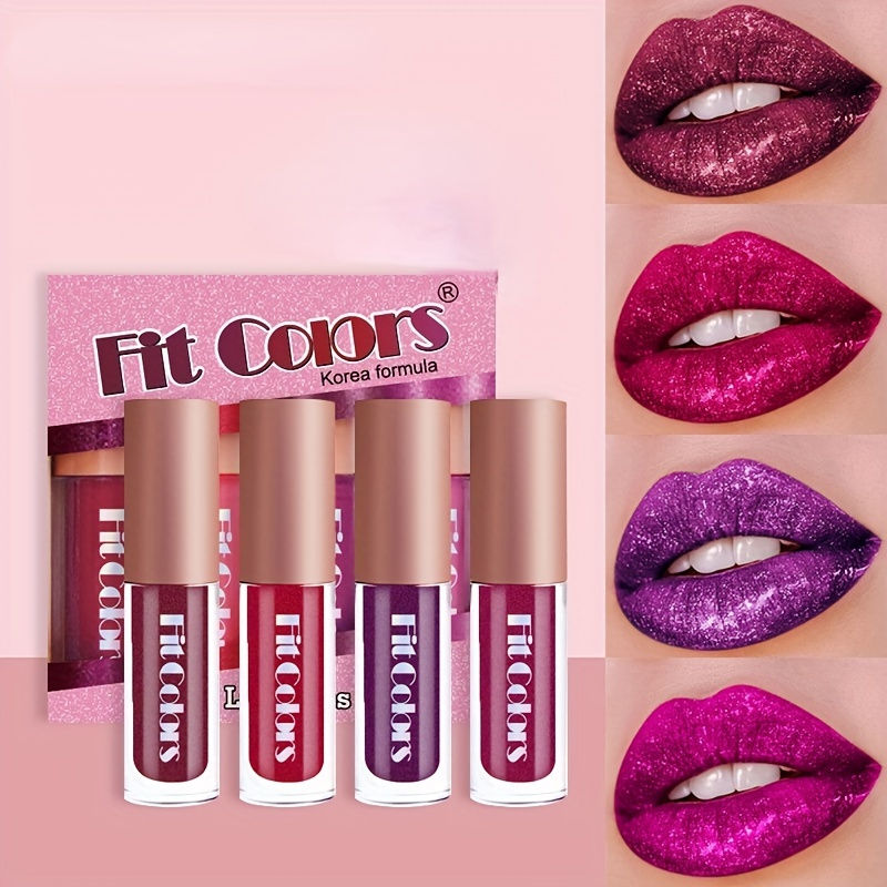4-Color Lip Gloss, Lustrous Pearly Metallic Lip Glaze, Longwear Not Fall Out An