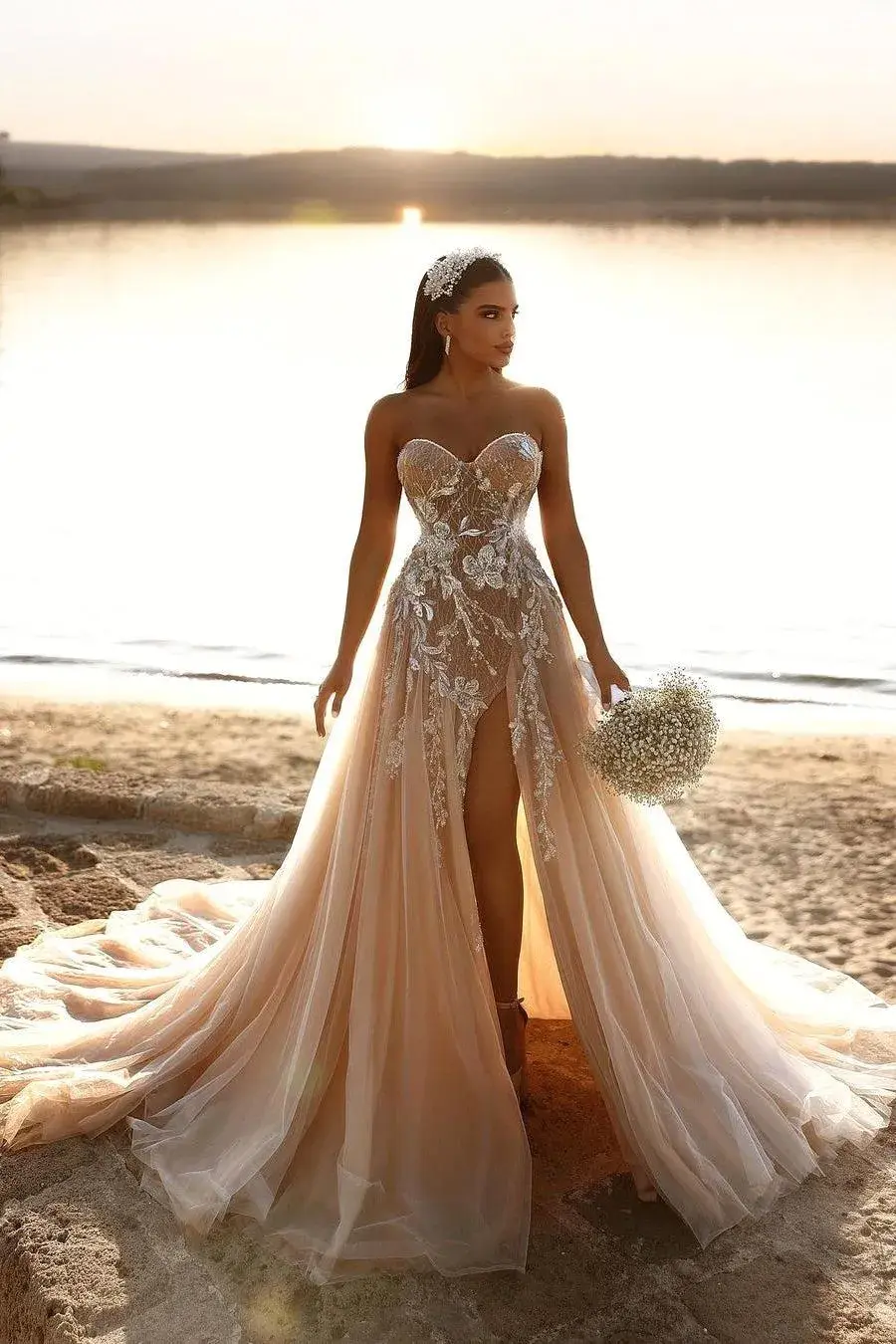 Champagne Sweetheart Tulle A Line Beach Wedding Dresses Bridal Gown Lace