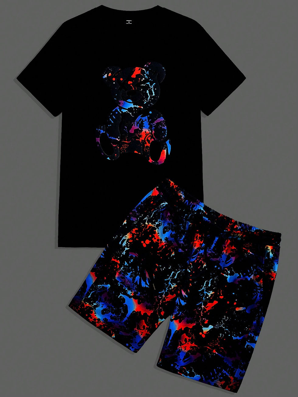 Men Reflective Bear Print Tee & Shorts Colorful