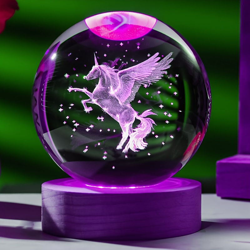Unicorn 3D Laser Engraved Crystal Ball With Wooden Colorful LED Lamp Holder
