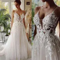 Backless Boho Wedding Dress Lace Appliqued Summer Beach Robe Bridal Gowns Spagh