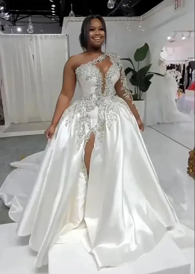 African Elegant One Shoulder Satin A Line Wedding Dresses