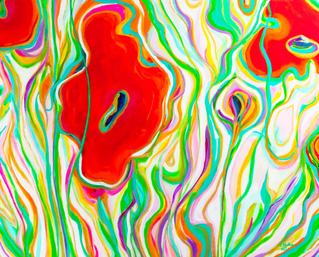 Garden with Red poppies - semi abstract painting by ArtStudio29