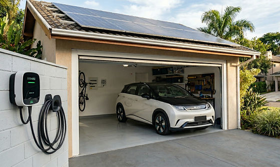 Carro elétrico em garagem com painéis solares no telhado e Wallbox conectada.