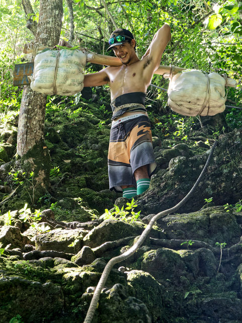 Un porteur d'orange dans la descente vers la vallée de la Punaruu.